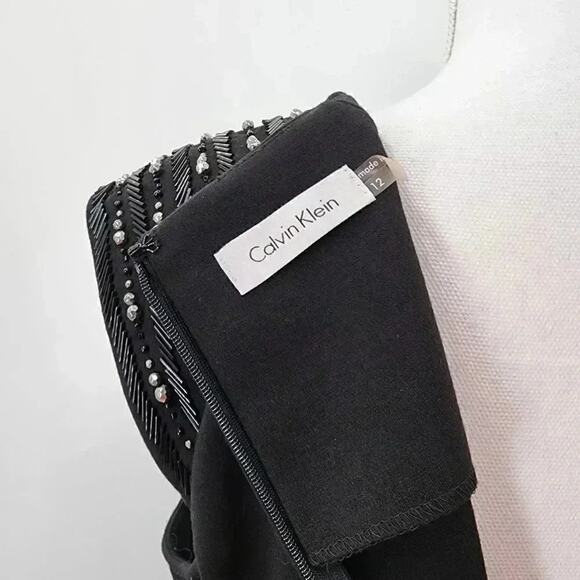 Calvin Klein Black Silver Beaded Knee Length Stretchy Dress Large 12 - Picture 6 of 8